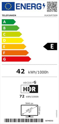 Telefunken 43-tolline nutiteler VIDAA XU43VP750M - 4K UHD-teler, HDR-teler Dolby Visioniga, kolmekordne tuuner ja 6-kuuline HD+ garantii, must LED-teler