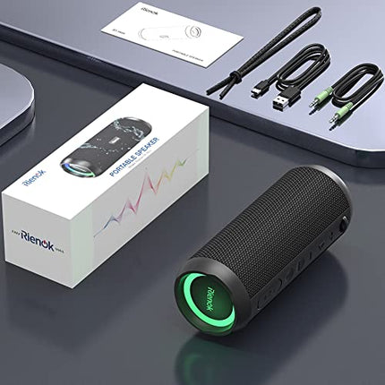 RIENOK Bluetooth Speaker with Light Bluetooth 5.3 Music Box Bass Wireless Box with IPX7 Waterproof Stereo Sound Portable