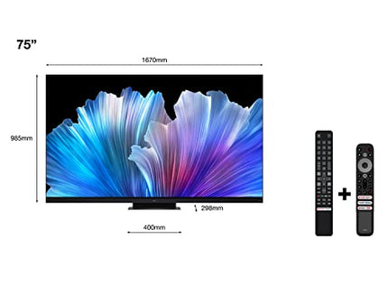 TCL 75C935 75-tolline 189 cm QLED Mini-LED-teler, 4K UHD, Google TV, HDR Extreme, 2500 niti, 144 Hz VRR, 120 Hz liikumise selgus, Dolby Vision ja Atmos, 2.1.2 ONKYO heliriba, hääljuhtimine