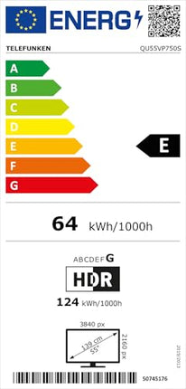 Telefunken QLED-teler 55-tolline nutiteler VIDAA QU55VP750S 4K UHD teler, HDR-teler Dolby Visioni, Dolby Atmose, kolmekordse tuuneri ja 6-kuulise HD+ garantiiga, must LED-teler