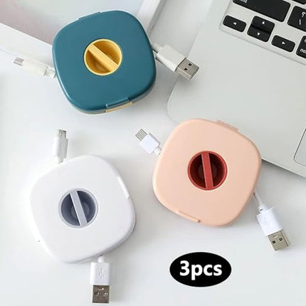 Sissetõmmatav laadimiskaabli korraldaja, 3-pakendis kompaktne mitmekülgne USB-kaabli korraldaja, andmekaabli hoiukarbid, pöörlev korraldaja koju, kontorisse, ühiselamusse, reisimiseks (valge/roosa/sinine)