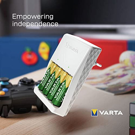 VARTA akulaadija, sh 4x AA 2100mAh, akulaadija laetavatele akudele, laeb korraga 2 või 4 AA/AAA akut, pistikupesast laadija, valge
