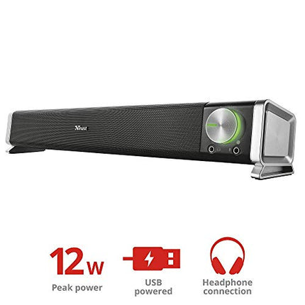 Trust Asto Soundbar 12 W peak power (6 W RMS), PC speaker, USB operation, 3.5 mm AUX connection, stereo sound system, computer speakers for PC, laptop, monitor, TV, music, audio - Black