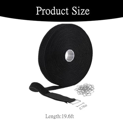 Reusable cable ties with 25 metal buckles, free cutting length, durable nylon, hook and loop fastener, securing strap for wire management, yoga mats, cord organizer, black