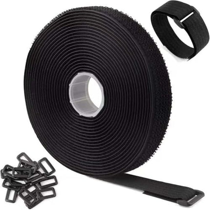 1 roll of 2.5 cm x 5 m adjustable cable ties with 25 buckles, hook and loop fastening securing tape, black, reusable fastening cable ties for cable tidying - free cutting length,