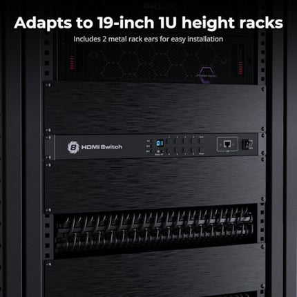 TESmart 8×1 HDMI-lüliti, 8 sisendit, 1 väljund, toetab 4K@60Hz HDCP 2.2, 19-tolliste rackmount kõrvaklappidega | RS-232/LAN-juhtimine | IR-kaugjuhtimispult ja automaatne lüliti | Automaatne skaneerimine eelseadistatud intervalliga, must