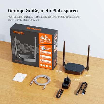 Tenda 4G03 Pro 4G LTE ruuter, WiFi ruuter Nano-SIM kaartidele (N300 CAT4, 150 Mbps allalaadimine, 300 Mbps 2.4GHz), 2*4dBi antenni, Plug &amp; Play, kiire Etherneti port, rakendus, ruuterirežiim, LED, must