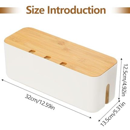 Cable management box, cable organizer with bamboo lid, white cable box for hiding power strips and electrical devices