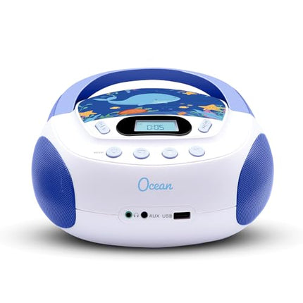 mooov 477170 CD Player for Children with Speakers, USB, Headphone Jack, AUX-IN Port - Boombox CD Player Portable - Mains or Battery Operated - Ocean Model - Blue/White