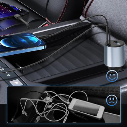 4-in-1 Retractable Car Charger, Fast Car Phone Charger with 69W Retractable Cable and 2 USB Ports Car Charger Adapter Compatible with Phone 15/14/13/12 Pro Max XR, iPad