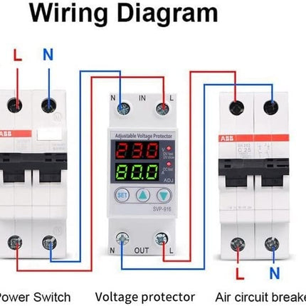 Undervoltage protection device, voltage current protector, 230VAC intelligent single-phase adjustable overvoltage undervoltage current protector, DIN rail installation, for power supply systems (63A)