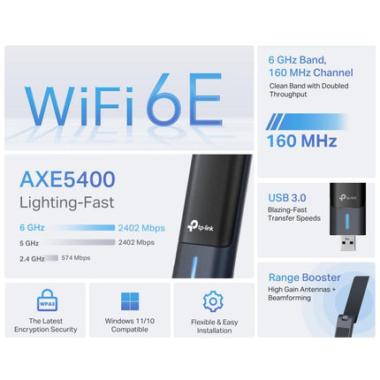 TP-Link Archer TXE70UH 𝗪𝗶𝗙𝗶 𝟲𝗘 WLAN-pulk arvutile, USB WLAN-adapter AXE5400 kahesageduslik, MU-MIMO, WPA3, USB 3.0, ühildub ainult Windows 10/11-ga