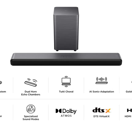 TCL S55HE 2.1-kanaliga Dolby Atmos kõlaririba, maksimaalne võimsus 220 W kahekordse bassisüsteemiga, DTS Virtual X tugi, HDMI eARC ja Bluetooth 5.3, kõlaririba juhtmevaba subwooferiga, kodukino