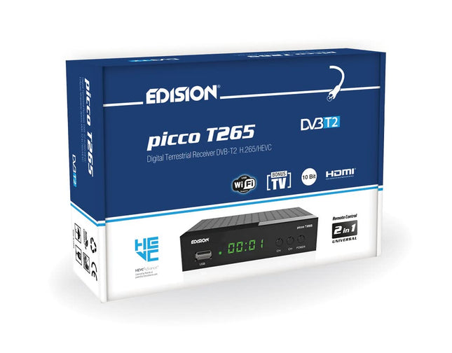 EDISION Picco T265 Full HD H.265 HEVC maapealne FTA vastuvõtja T2, (1x DVB-T2, USB, HDMI, SCART, S/PDIF, IR silm, USB tugi, 2-in-1 kaugjuhtimispult, must)