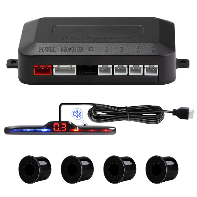 Parking aid, reversing aid with 4 PDC parking sensors rear, total distance warning kit with adjustable volume LED display for car, SUV, van, motorhome and pickup