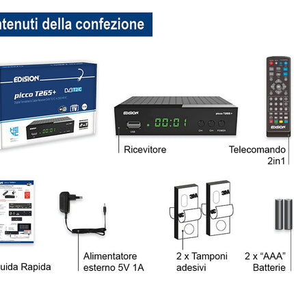 Edision Picco T265+ maapealne DVB-T2 ja kaabel-DVB-C vastuvõtja, H265 HEVC, FTA Full HD PVR, USB, HDMI, SCART, S/PDIF, IR, USB WiFi tugi, universaalne 2-ühes kaugjuhtimispult, must