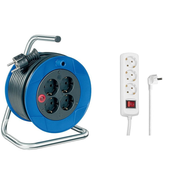 Brennenstuhl Garant Kompakt cable reel/indoor cable reel with 4 sockets &amp; Hama 3-way power strip (blue, 15m cable, 45° sockets, 3500W, GS tested)