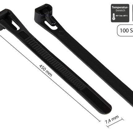 Good Connections Reusable Cable Ties 450 mm x 7.4 mm - Set of 100 - Black, UV-resistant, weather-resistant - For outdoor use, -40 °C to +85 °C - Tensile strength: up to 45 kg