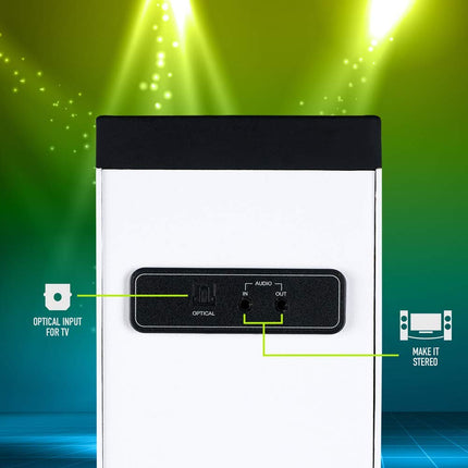 NGS Sky Charm White - 50W Bluetooth Sound Tower with Remote Control, Optical Input, USB, FM Radio and AUX IN (White)