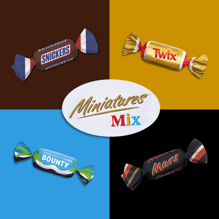Miniatuursete šokolaadide segu, Mars, Snickers, Bounty &amp; Twix, klassikalised minibatoonid, piimašokolaad, šokolaadi suurpakk, peosegu, 296 batooni, 1 x 3 kg