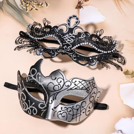 Oidea maskikomplekt paaridele: hõbedane must rhinestones metallist cosplay Veneetsia peomask Halloweeni kostüüm karnevalimask paaridele, naistele ja meestele