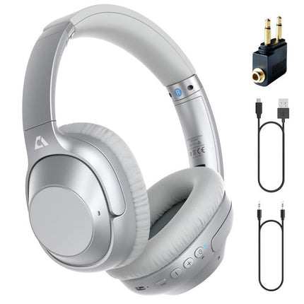YMOO Over-Ear Headphones Bluetooth 5.2 Active Noise Cancelling for Airplanes, 75H HiFi Stereo Headphones Wireless Bluetooth with Microphone, On-Ear Headphones for TV/PC/Cell Phone/Tablet with Flight Adapter (Sliver)