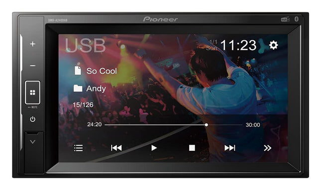 Pioneer DMH-A240DABAN, 2-DIN multimeediapleier, lühike paigaldussügavus, 6,2-tolline ClearType puuteekraan, nutitelefoni ühenduvus, DAB/DAB+ digitaalraadio, Bluetooth, 13-ribaline graafiline ekvalaiser, DAB-antenniga