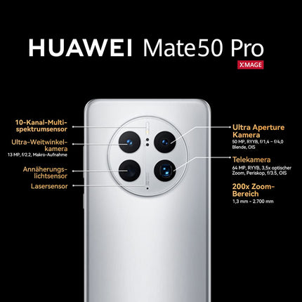 HUAWEI Mate 50 Pro, Ultra Aperture XMAGE Camera, 66W Supercharge, 4700mAh High-Performance Battery, Black, German Version, 8GB + 256GB