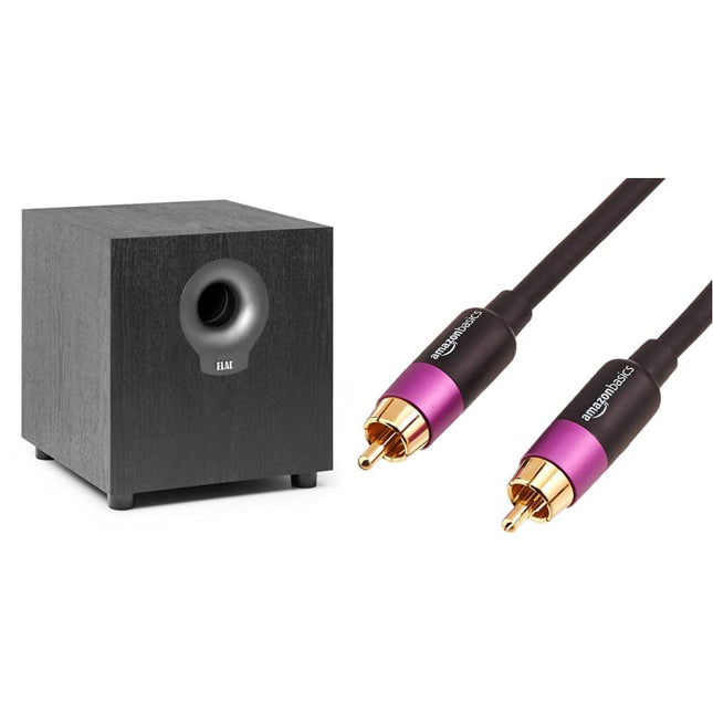 ELAC Debut Subwoofer S10.2, active speaker for music playback via stereo system, 200 W &amp; Amazon Basics PBH-19089 - Subwoofer cable, 4.6 m