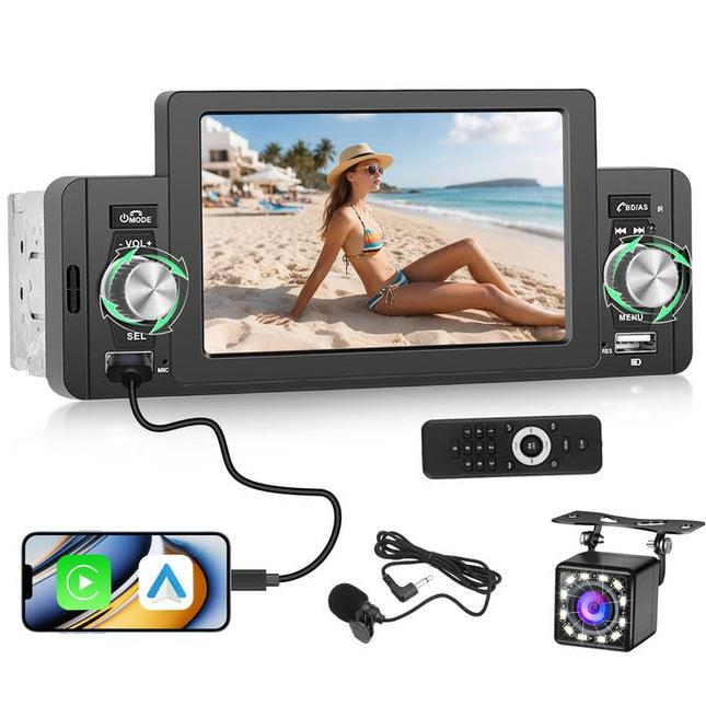 Hikity Carplay Car Radio 1 Din with 5 Inch Screen Car Radio Touch Display with Bluetooth Handsfree Android Auto Mirror Link FM Radio USB SWC External Microphone + Rear View Camera