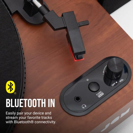 JAM Turntable with Speakers – Bluetooth Record Player with Bookshelf Speakers, 3-Speed ​​Vinyl Player with Dust Cover, Pre-Adjusted Tonearm, Vinyl Cleaner Included, Walnut