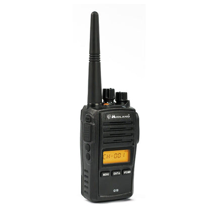 Midland G18 Pro, kahesuunaline raadiosaatja, 99 PMR446 kanalit, sõjaväeklassi raadiosaatja, IP67 sertifitseeritud, liitiumioonaku, laualaadija, vööklamber, must