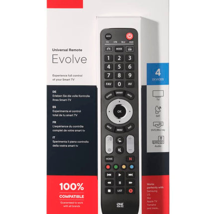 One For All Evolve 4 Universal Remote Control - Controls 4 devices (TV/Set Top Box/Blu-ray/Audio) - Guaranteed to work with all manufacturers - Optimized for Smart TV - URC7145