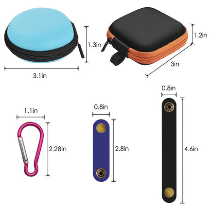 SENHAI Small Square and Round Portable Earplug Storage Box with Carabiners and 2 Headphone Cable Clips for Headphones, Bluetooth, U Disk, SD Cards