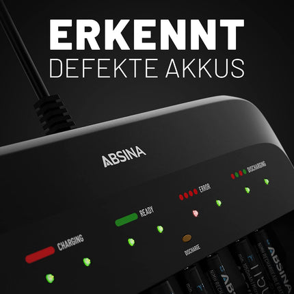 ABSINA akulaadija X10 AA, AAA ja 9V akude jaoks - 10 pesaga akulaadija laetavate akude laadimiseks - NiMH akude laadija AAA, AA ja 9V akude jaoks