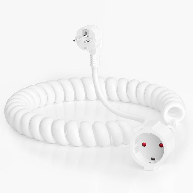 Schuko extension cable, 2 m protective contact spiral extension, from 0.6 m to 2 m max, spiral cable 3G x 1.0 mm², IP20 PVC extension cable, (230 V/16 A) with Schuko plug &amp; coupling, white