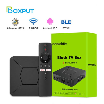 BOXPUT Q5 teleriboks, Android 10.0 süsteem, Allwinner H313 kiip, BT5.2 kahekordne WiFi 2.4G/5G, 4-tuumaline 4K dekodeeriv teleriboks, 2 GB RAM, 8 GB ROM ja 100M LAN Enternet nutikas Androidi boks hääljuhtimisega BT puldiga