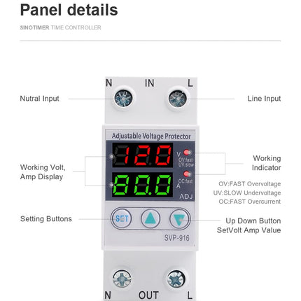 Undervoltage protection device, voltage current protector, 230VAC intelligent single-phase adjustable overvoltage undervoltage current protector, DIN rail installation, for power supply systems (63A)