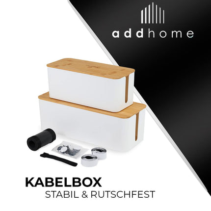 addhome kaablikarbi komplekt (2 tk) | Korralda kaablikaos stiilselt | Valge ABS-plastist ja bambusest kaas | Sobib igasse interjööri | Piisavalt ruumi pistikutele ja toiteallikatele | Komplektis kummist jalad ja takjakinnitus