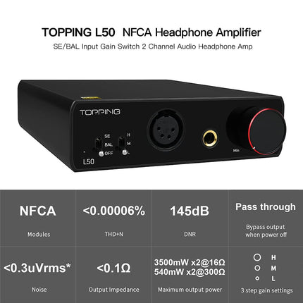 Topping L50 HiFi kõrvaklapivõimendi NFCA SE/BAL sisendiga kodukino võimendi minivõimendi võimenduse lülitiga 2-kanaliline võimendi (hõbedane)