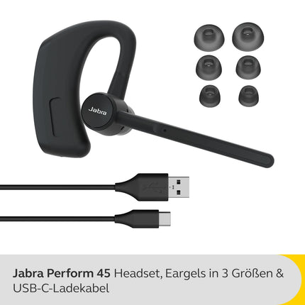 Jabra Perform 45 Mono Bluetooth peakomplekt kõrvakonksuga, integreeritud mikrofon ülimüra summutusega, PTT-funktsiooniga, näost näkku kõnerežiimiga ja diskreetse disainiga - must