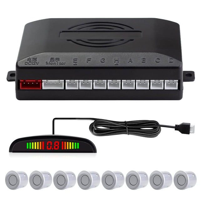 Parking aid with 8 front and rear parking sensors with buzzer LED display (8 sensors, silver)