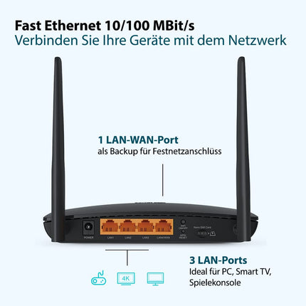 TP-Link TL-MR6400 LTE Router, 4G Router Supports SIM Cards, 4G Cat4 up to 150 Mbps, 2.4GHz N300 Wi-Fi, 4x 100 Mbps Ports, Plug and Play, Up to 32 Devices, Parental Controls, Guest Network, Black