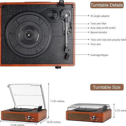 Vinyl Record Player Bluetooth Record Player with Built-in Speakers Vintage Record Player Record Player with 3-Speed ​​33/45/78 U/Auto-Stop RCA/Aux-in 3.5 mm