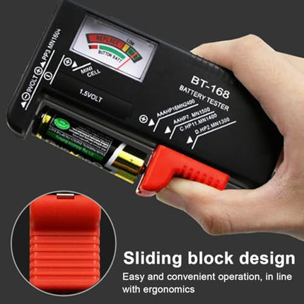 Analog Battery Tester Household Battery Tester BT-168 Small Multi Size Battery Tester for AA AAA CD 15V 9V Button Cell Batteries Ideal for Home School Office No batteries required for operation