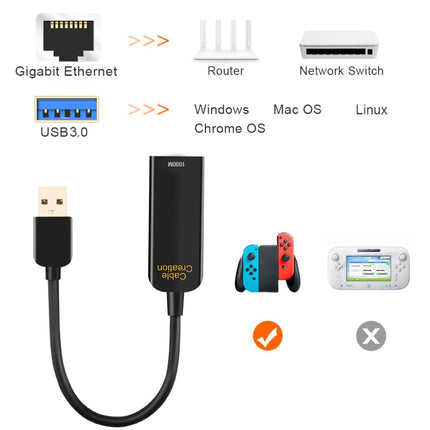 USB 3.0 LAN Adapter, CableCreation USB to RJ45 10/100/1000 Mbps Gigabit Ethernet Adapter, USB 3.0 Network Cable Compatible with MacBook, Xiao Mi Box, Switch(NS), PC, Black
