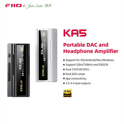 FiiO KA5 portable DAC and headphone amplifier with OLED display and 3.5mm and 4.4mm balanced headphone output