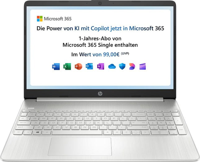 HP sülearvuti | 15,6-tolline FHD-ekraan | Intel Celeron N4500 | 4 GB DDR4 RAM | 128 GB SSD | Intel UHD Graphics | Windows 11 Home S-režiimis | QWERTZ-klaviatuur | Hõbedane | koos Microsoft Office 365 Single paketiga