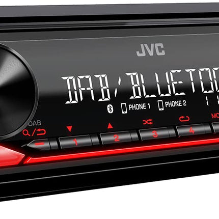 JVC KD-X282DBT USB-autoraadio DAB+ ja Bluetooth-vabakäesüsteemiga (USB, AUX-sisend, 1 x eelväljund 2,5 V, heliprotsessor, 4x50 W, punane nuppude valgustus)