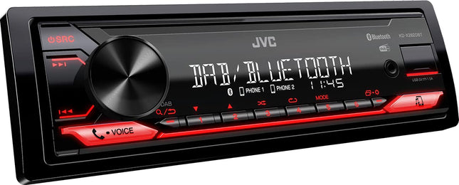 JVC KD-X282DBT USB-autoraadio DAB+ ja Bluetooth-vabakäesüsteemiga (USB, AUX-sisend, 1 x eelväljund 2,5 V, heliprotsessor, 4x50 W, punane nuppude valgustus)